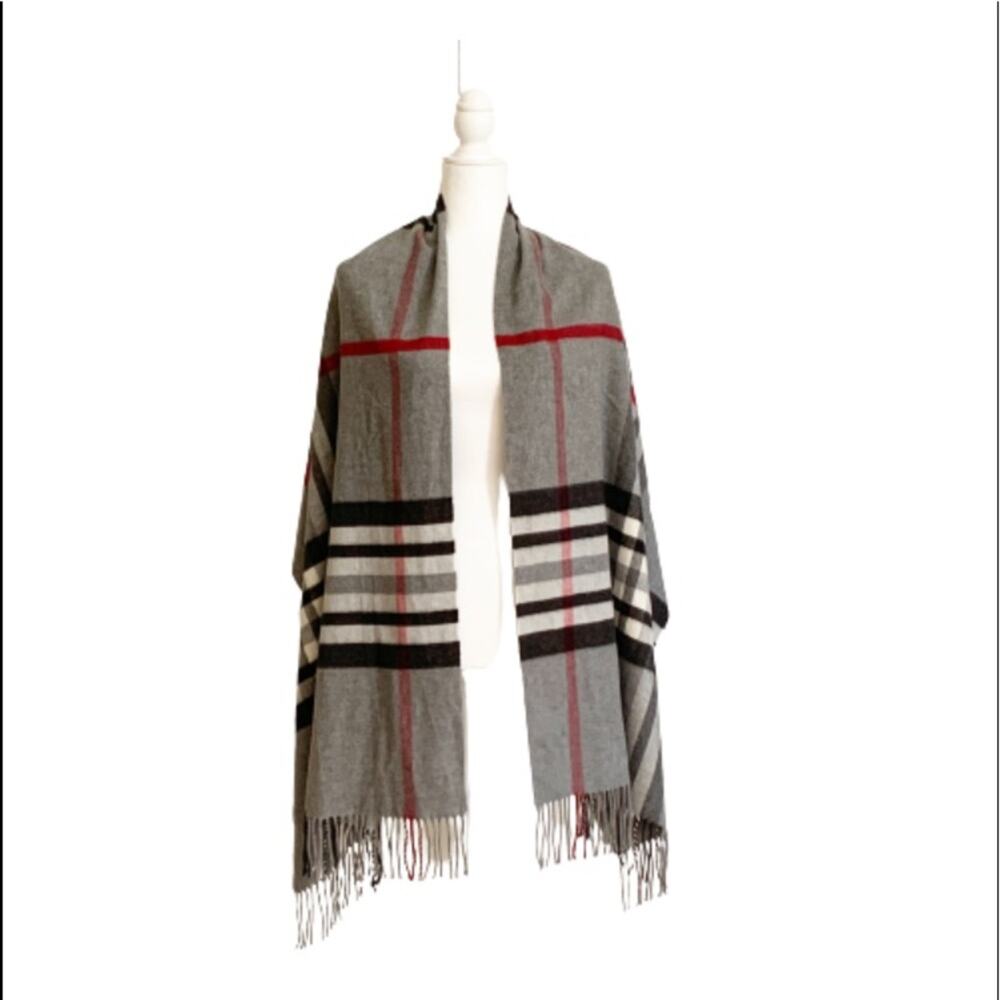 Cashmink V. Fraas Scarf Gray Black Red Checked Wrap 100% Acrylic Hypo Allergenic